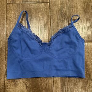Aerie Long Line  bralette Wire free Size Medium Blue With Lace Trim EUC